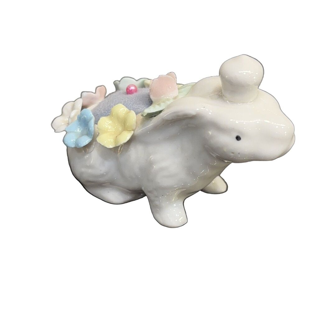 Ceramic Bunny Rabbit Pincushion Figurine Porcelain Fabric Floral Pastel Pin